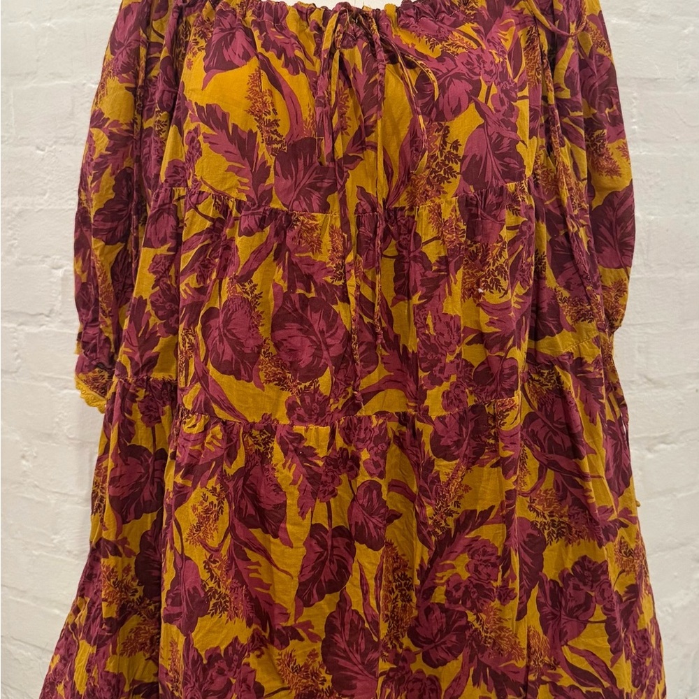 Olivaceous purple mustard yellow babydoll leaf print dress. Size L
